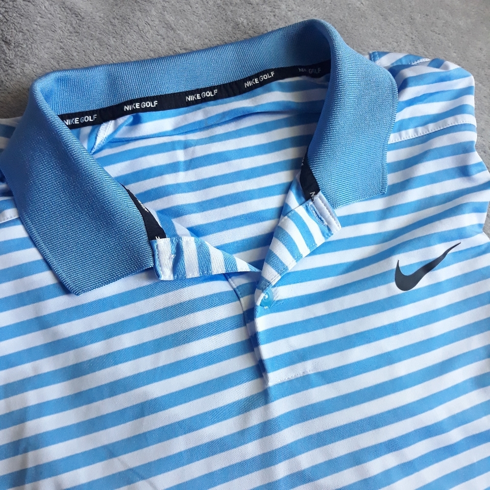 Blue and White Striped Nike Dri-FIT Golf Polo